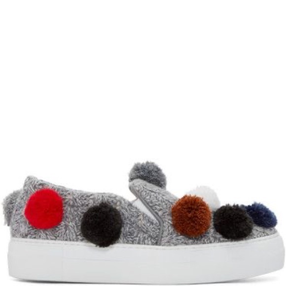 NEW❗️Joshua Sanders Grey Wool Blend Pom Pom Slip On Sneakers - Picture 1 of 9